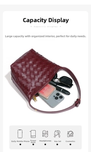Capacity detail of burgundy woven leather bag showing storage for phone and accessories