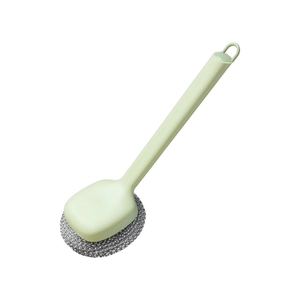 Long-handle kitchen cleaning brush with green plastic handle and durable steel wire head