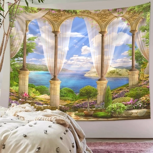 Detail of bedroom wall tapestry featuring an arched sea view garden with digital printing
