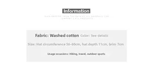 Size chart for washed cotton baseball cap with 56-60cm circumference and 7cm brim details