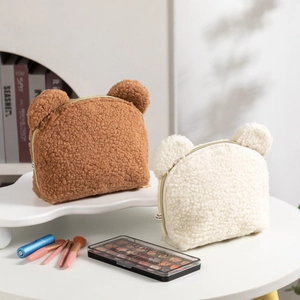 Teddy Plush Makeup Bag Cute Bear Ear Sherpa Fleece Cosmetic Pouch Travel Toiletry Storage Organizer Soft Zipper