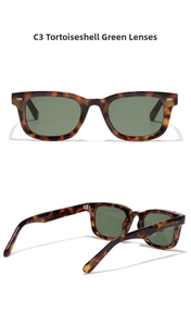 Detail view of tortoiseshell square sunglasses with dark green lenses and metal rivets