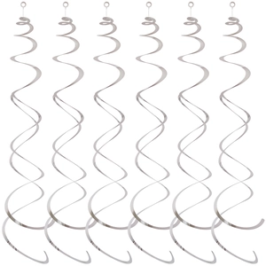 Detailed view of six silver metallic spiral ceiling decorations for party venue events