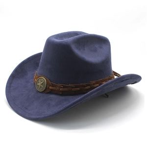 Detail of navy blue felt cowboy hat with brown leather band and bronze star emblem