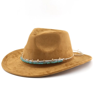 Brown faux suede fedora hat with turquoise beaded band in a western cowboy style