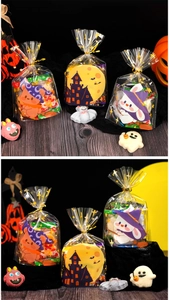 Close-up of Halloween treat bags featuring cartoon ghosts, castles, and bunnies with gold ties