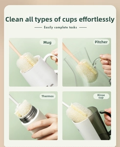 Long handle sponge cup brush shown cleaning ceramic, glass, and stainless steel bottles