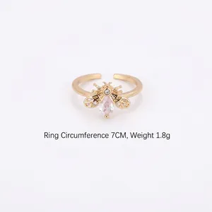 Luxurious bee ring with zircon stones in gold finish, adjustable open band for women