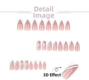 Macro detail of press-on nails with 3D textured white flowers and V-shape stripe designs