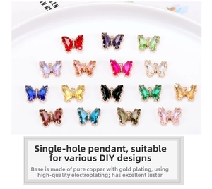 Detailed grid of crystal butterfly pendants in fourteen colors for DIY jewelry design