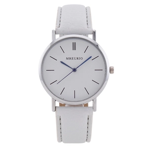 Minimalist men's watch with white leather strap and silver round case on white background