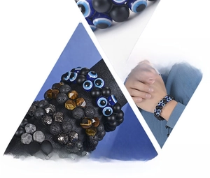 Detailed macro view of 10mm matte natural stones with blue evil eye beads for men