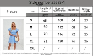 Tableau des tailles avec buste et taille pour la mini robe d'été à manches bouffantes 25529-1
