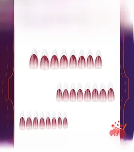 Detail view of 24pcs long stiletto press-on nails with red and white ombré gradient finish