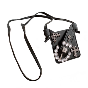 Gothic style black leather phone bag with silver rhinestone crosses and metal accents