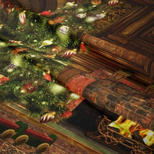 Detail of Christmas tree wall tapestry showing soft fabric texture and festive print