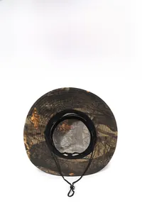 Detail view of breathable mesh lining and windproof drawstring on camouflage sun hat
