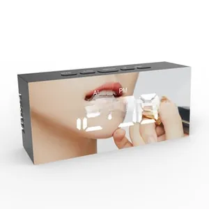 Mirror LED alarm clock displaying 12:30 used as a makeup mirror with physical top buttons