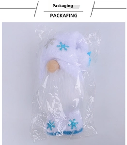 Detail of Christmas gnome plush in transparent plastic bag with blue snowflake patterns