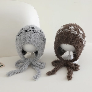 Plush winter earflap hats for kids with warm jacquard fabric and stylish tie straps