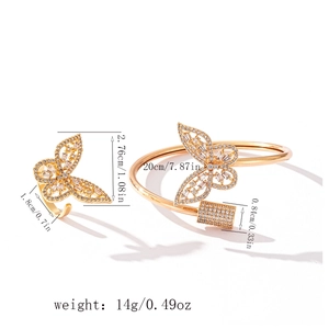 Detailed dimensions of butterfly-shaped gold bracelet and ring set with zircons