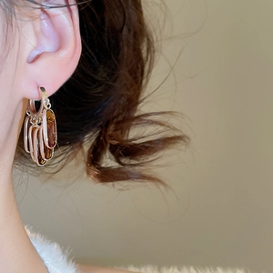 Detail shot of vintage crystal oval tassel earrings in amber on a model's ear