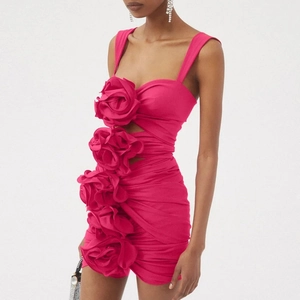 Fuchsia slim fit mini dress with 3D rose appliques and cut-out waist detail