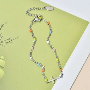 Bohemian Stainless Steel Bracelet For Women Multicolor Enamel Beads Cross Pendant Retro Handmade Jewelry Adjustable Wristband