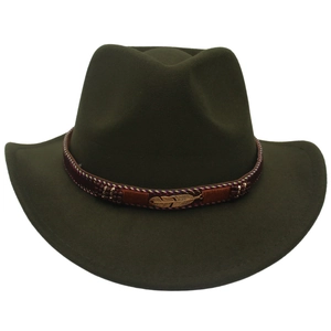 Dark green cashmere felt western cowboy hat with woven band and gold feather charm