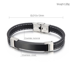 Detailed view of black cowhide leather bracelet with stainless steel clasp and white stitching