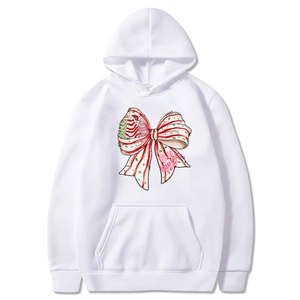White Christmas hoodie with bow graphic and Oh Christmas Tree text for men and women