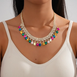 Luxury geometric square colorful crystal tassel necklace for women in gold finish