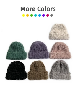 Winter plush knit beanies shown in seven colors including beige and dark green