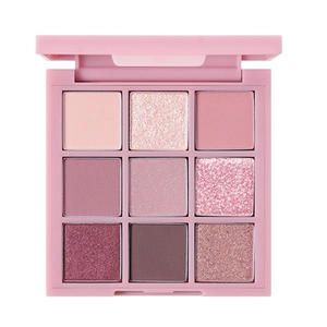 Nine-color eyeshadow palette with matte and shimmer shades in rose and peach tones