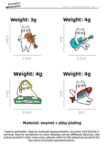 Size guide for white cat pins showing violin, guitar, and DJ cat brooch dimensions
