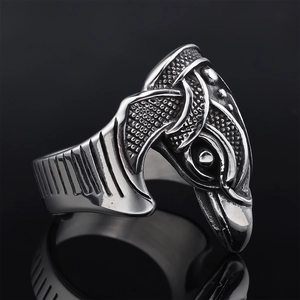 Nordic Viking raven ring in vintage stainless steel with detailed silver engraving