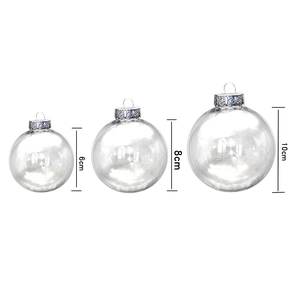 Set of three clear plastic Christmas balls in 6cm, 8cm, and 10cm sizes with silver caps