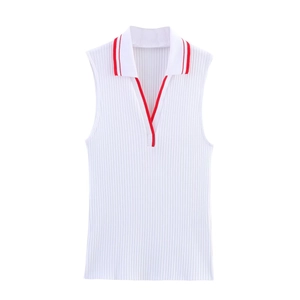 White ribbed sleeveless polo shirt with red striped collar trim on white background
