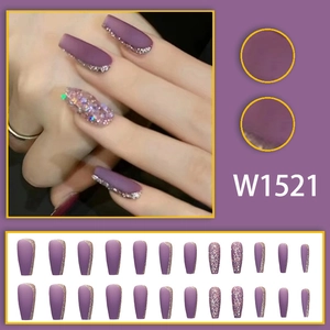 Frosted grape purple long ballerina press-on nails with glitter edge detail, model W1521
