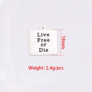 Macro shot of 18mm square stainless steel MOM pendant with Live Free or Die engraving