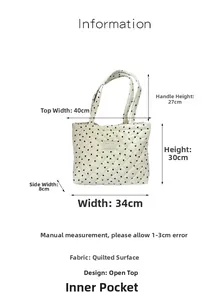 Quilted tote bag dimension guide showing 40cm width and 30cm height with heart pattern
