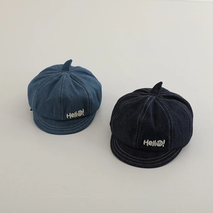 Kids Newsboy Cap Denim Cotton Hello Embroidery Adjustable Beret Hat For Toddlers Boys Girls Casual Sun Protection
