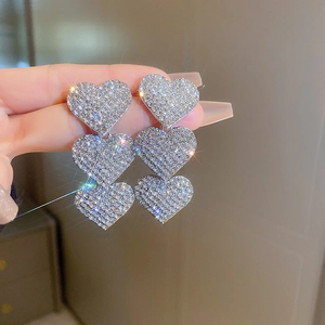 Heart Dangle Earrings With Full Rhinestones And Silver Earring Post Alloy Tiered Drop Ear Jewelry For Women Elegant