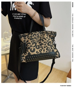 Detail of leopard print canvas handbag with black leather trim and silver metal studs