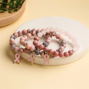 Natural Stone Beaded Bracelet With Pink Ribbon Enamel Charm Breast Cancer Awareness Elastic Handmade Jewelry Unisex