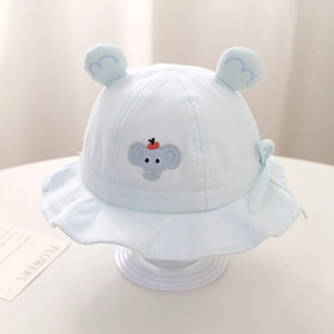 Detail of baby sun hat with cute elephant embroidery and 3D ears in light blue cotton