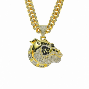 Hip Hop Iced Out Bulldog Pendant Necklace Alloy Rhinestone Cuban Chain Punk Style Jewelry For Men