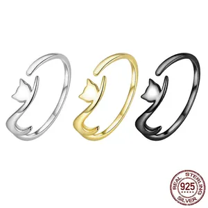925 Sterling Silver Cat Open Ring Adjustable Cute Kitten Animal Wrap Ring For Women Girls Minimalist Fashion Jewelry Gift