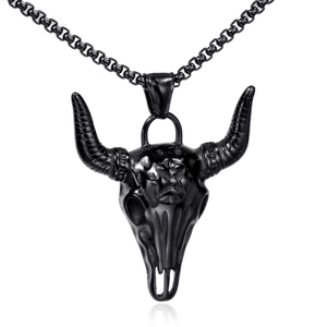 Retro black bull skull pendant necklace in titanium steel on white background