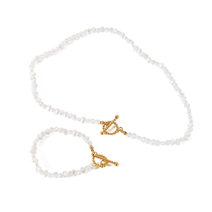 18K gold plated stainless steel pearl necklace and bracelet set with twisted OT clasp